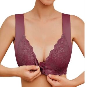 Front Close Wire-free Back Smoothing Everyday Bra Wine Red Large